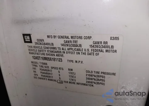 2005 GMC Envoy Xl Slt from USA, damaged, VIN 1GKET16M056181123